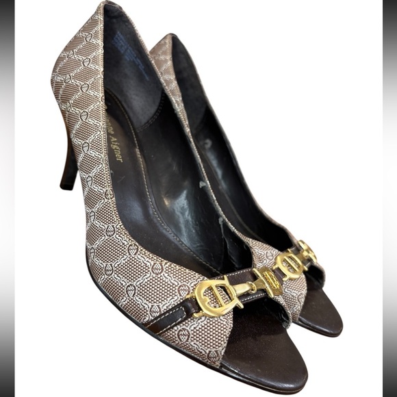 Etienne Aignar Brown and Tan Peep-Toe Buckle Accent Heels - Picture 4 of 9